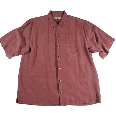 Tommy Bahama Shirt Mens Medium Hawaiian Pink Palm Tree Short Sleeve Casual