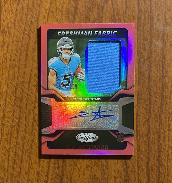 2025 Panini Certified Elic Ayomanor Freshman Fabric Pink Rookie Patch Auto /299