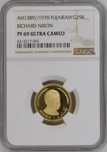 FUJAIRAH , GOLD 25 RIYALS 1970 - NIXON - NGC PF 69 UC , RARE3