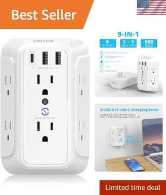 900J Wall Mount Surge Protector with 3 USB Ports & 6 AC Outlets - Travel Ready!