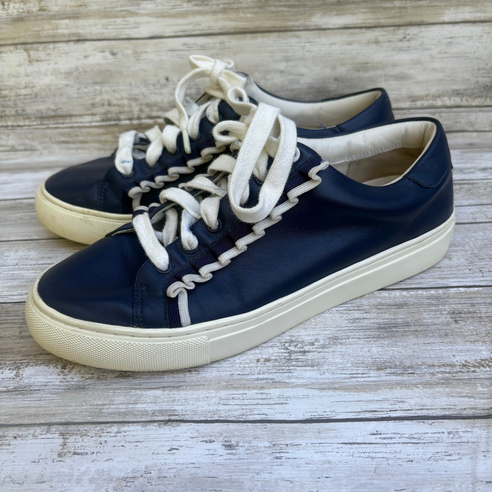 Tory Burch Sport Ruffle Sneakers Sz 8 Navy Blue Lace Up Leather Low Top