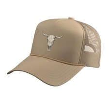 Country Cowboy Cow Bull Skull Cattle Head Rodeo Trucker Hat with One Size Khaki