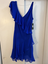 Lauren Ralph Lauren Blue Chiffon A-Line Ruffle V-Neck Dress Lined 14