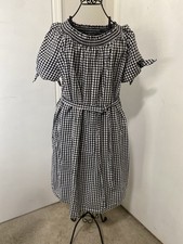 Terra Sky Women 1X Gingham Peasant Dress Black White Tie Sleeve Cotton