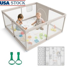 Baby Playpen Indoor Toddler Play Area Soft Mat Quick Setup Safety Fence Grey New