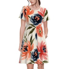Women's Floral Dress Short Sleeve Watercolor Rose A Line Skater Dress Pockets