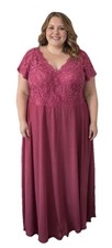 VNAIX Burgundy Lace Chiffon Dress 18W Short Sleeve V Neck Formal Wedding Prom