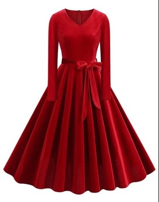1950er Solide Samt V-Ausschnitt Swing Kleid - Rot  XL/48 Retro Stage