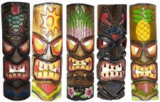 SET 5 TIKI MASK TROPICAL ISLAND WOOD HAWAIIAN POLYNESIAN WALL ART BAR HANDMADE