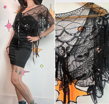 Black Beaded Capelet Art Deco Flapper Gatsby Evening Shrug Goth Glam