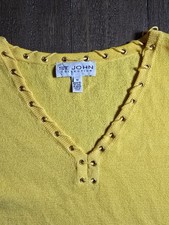 St John Collection Yellow V-Neck Lace Up Knit Sweater Top Women's Size M