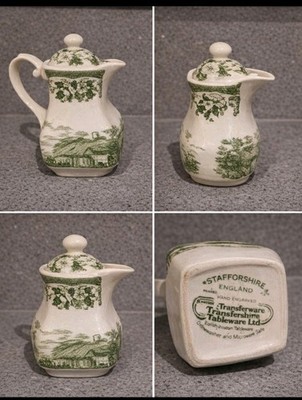Vintage englischer Eisenstein grün Transferware Krug Staffordshire Cottage Szene