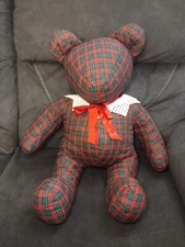 Large Handmade Hand Sewn Teddy Bear, Vintage Plaid Polyester Sits Upright 23"