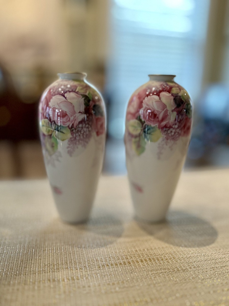 Pair Of Vintage Noritake Nippon Toki Kaisha Vases Pink Flowers
