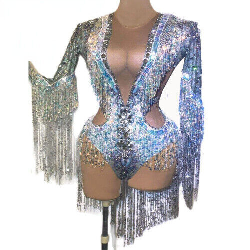 Women Sparkling Rhinestone Stretch Dance Jumpsuit Sequin Tassel Party Bodysuit - Picture 1 of 13