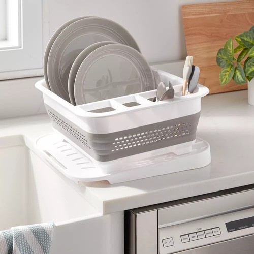 Plastic Collapsible Dish Rack with Drip Tray White - Brightroom™ Drain Board