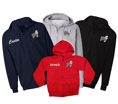 Old English sheep dog sheepdog embroidered zipper hoodie for men & kids