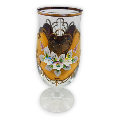 Bohemia Crystal Bierglas Glas Blattgold Emaille Blumen Dekor Stielglas Kelchglas