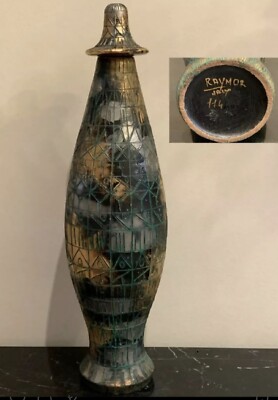 Mid Century Raymor Bitossi Tall Incised Gold Silver Green Ceramic Bottle Vase