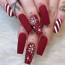  Christmas Press on Nails Long Artificial Fake Nails with Snowflake and Plaid
