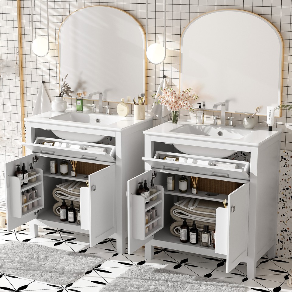 60" Modern Bathroom Vanity Set with Double Vanities，Double Ceramic ...