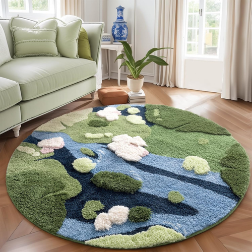Modern round Area Rug, Grass Green Moss Aesthetic Rug for Bedroom Non-Slip Throw
