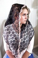 NEW LARGE MANTILLA BLACK BEIGE LACE HEADCOVER MASS VEIL CHAPEL CHURCH 27"x62" 