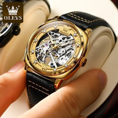 OLEVS Men Watch Automatic Mechanical Waterproof Skeleton Leather Strap Men's