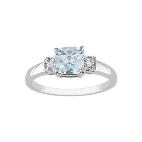 Cushion Aquamarine March Birthstone & Diamond New Ring Sterling Silver