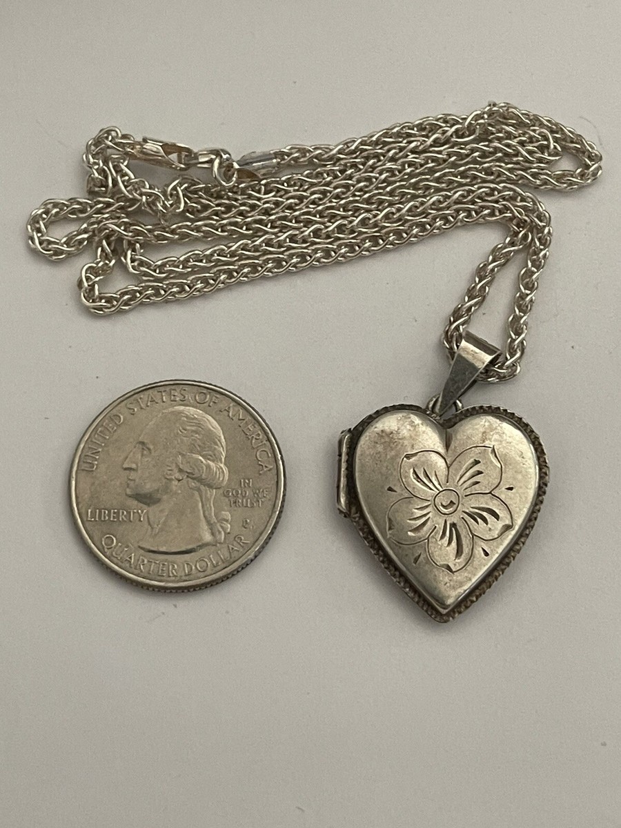 Vintage Sterling Heart Shaped Engraved Pansy Locket 1970