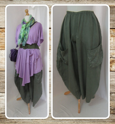NEU MIT ETIKETT LAGENLOOK, KHAKI GRÜN, BESTICKTE TASCHE, BAGGY, LEINEN, HAREMSHOSE, EINHEITSGRÖSSE