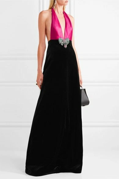 ROBE GUCCI NOIRE COL LICOU VELOURS ET SATIN FUCHSIA NEUVE AVEC ÉTIQUETTE TAILLE US 6 IT TAILLE 40