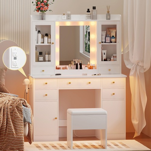 Vanity Desk with Lighted Mirror & Power Outlet, Dressing Table with LED lights