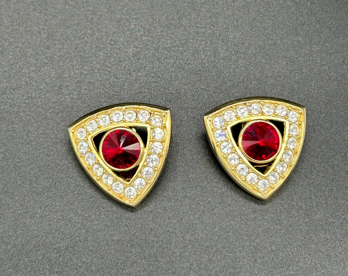 STATEMENT RUBY RED GLASS & WHITE RHINESTONE GOLD … - image 1
