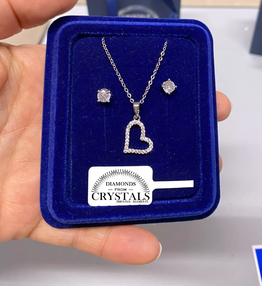 Collana Cuore Strass + Orecchini pl. oro Bianco 18k con Cristalli Zirconi S83 - Immagine 2 di 4