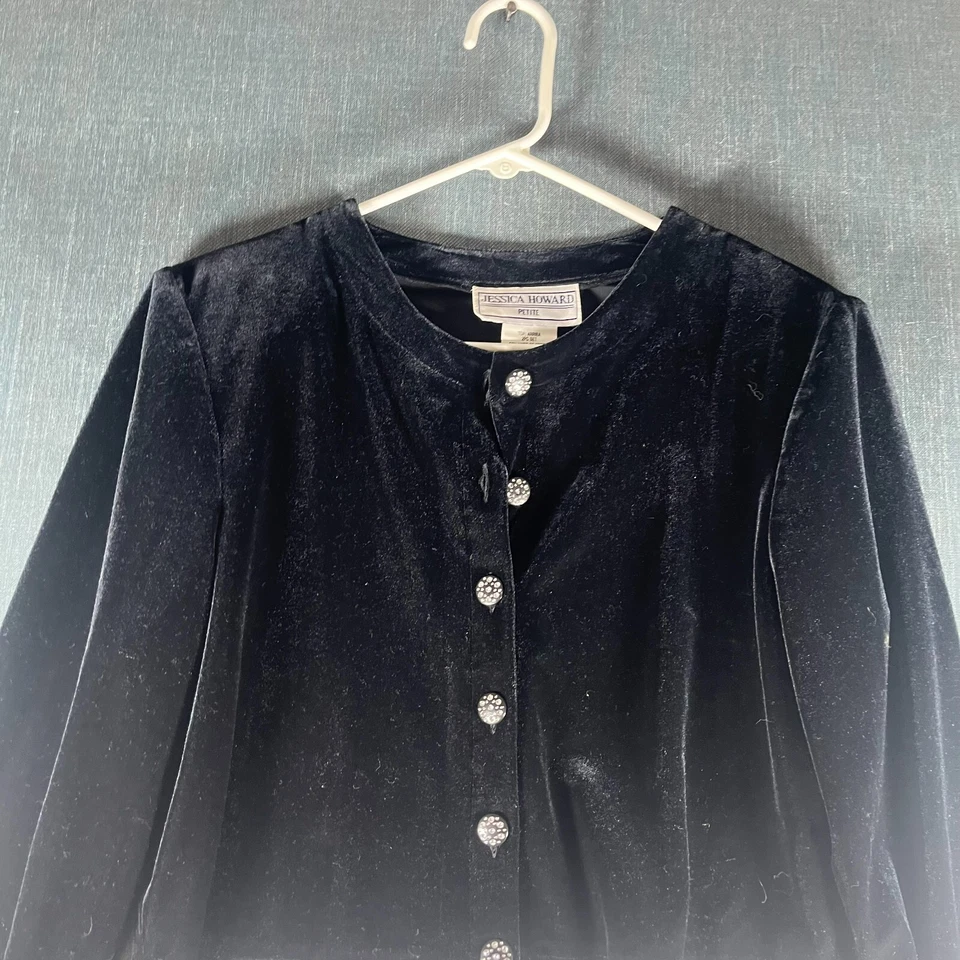 复古 Jessica Howard 女式夹克黑色天鹅绒纽扣闭合 12 码娇小 — 第 2/4 张图片