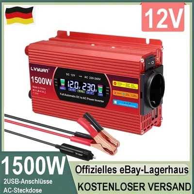 LVYUAN 500W 1500W Spannungswandler 12V auf 220V 230V Wechselrichter USB LCD-Anzeige Rot