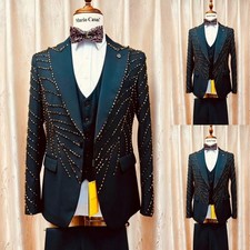 Wide Peak Lapel Jacket Navy Men's Suits Beading Luxury 3Pcs Evening Coat Blazer