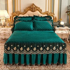 Luxury Lace Embrodery Velvet Bedspread King Queen Quilted Cotton Bed Skirt Thick