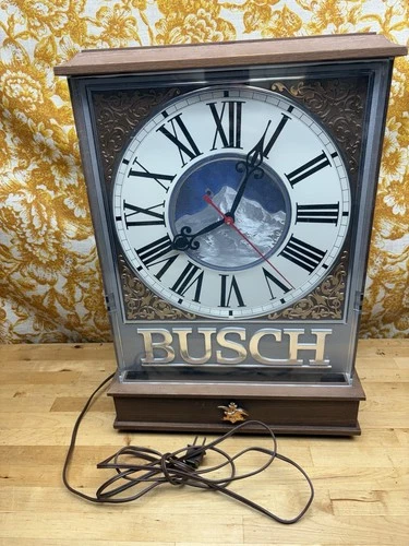 Vtg Busch Beer Wall Clock Lighted Electric Bar Man Cave Sign Advertising 1984