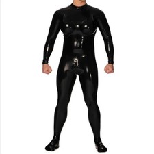 Gummi Black Men's Latex Rubber Catsuit Inflatable Breast with Fetish Cosplay