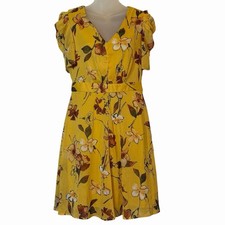 DKNY Floral Dress Womens 2 Cinched Sleeve Yellow Boho Brunch Summer Flowy Dress