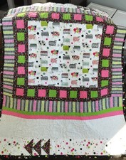 New Nursery/Crib Quilt/Baby Blanket; Black, Green  Pink; Lamb/Sheep Design