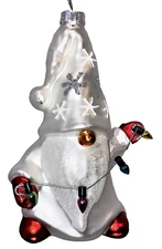 Merry Christmas Ornament White Elf with Lights in Hands Blown Glass Handmade 5"