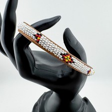 Vintage Handmade Beaded Leather Bracelet   White  Multicolor Tribal Boho Cuff