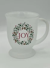 JOY Frosted Glass Footed Christmas Mug Holiday Coffee Cup with Wreath Design