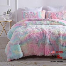 Faux Fur Plush Comforter Set Fluffy Fuzzy Shaggy Bedding Set - Full Rainbow