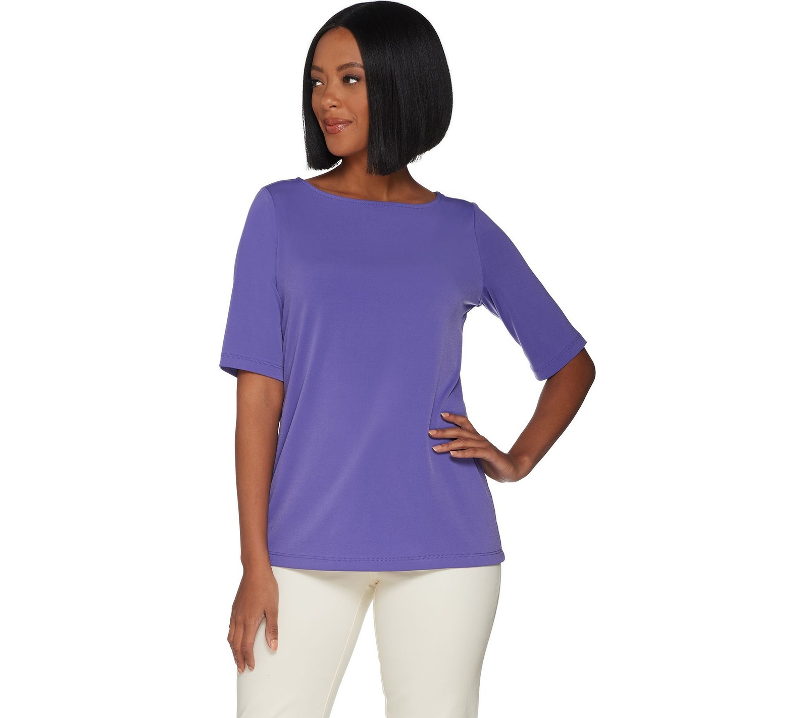 Susan Graver Women's Top Sz L Essentials Liquid Knit Bateau Neck Purple A213063