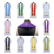 Budget Damask Priest Stoles with Traditional Gold or Red Cross and Fringe.