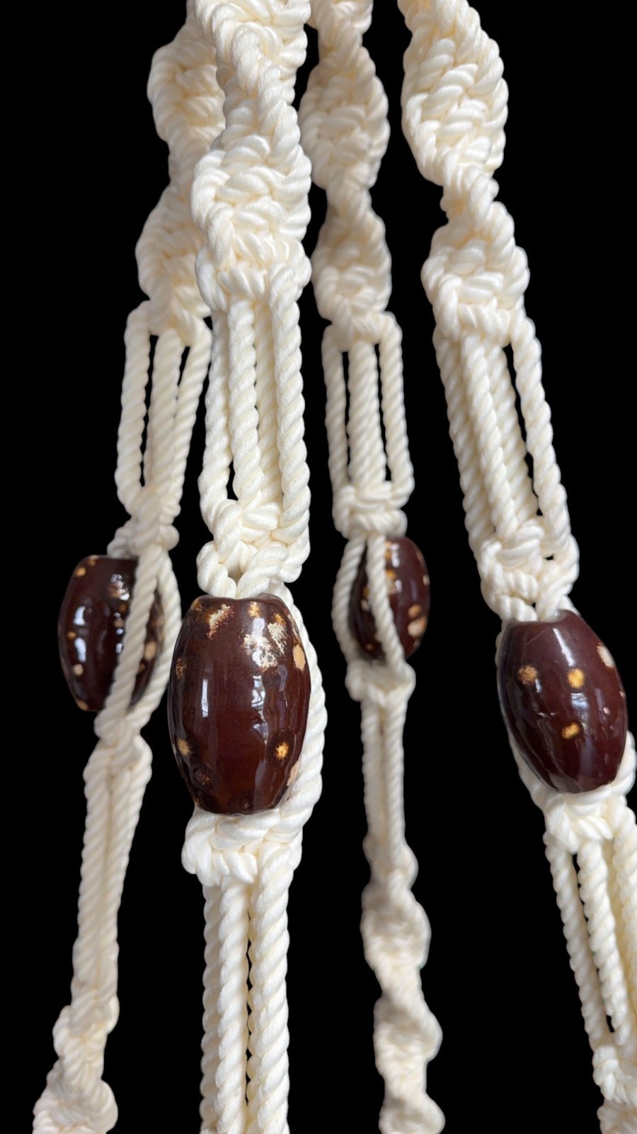 Vintage Macrame Plant Hanger 5.5' Tall Hanging Basket Brown Ceramic Beads